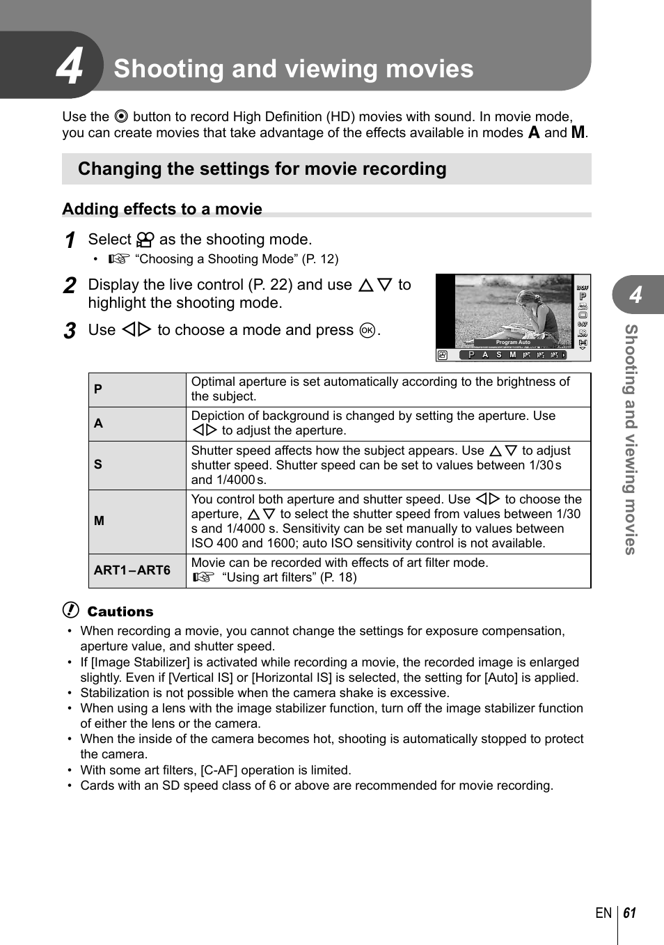 Shooting and viewing movies, Changing the settings for movie recording, Adding effects to a movie | Select n as the shooting mode, Use hi to choose a mode and press q, 61 en | Olympus E-PM1 User Manual | Page 61 / 129