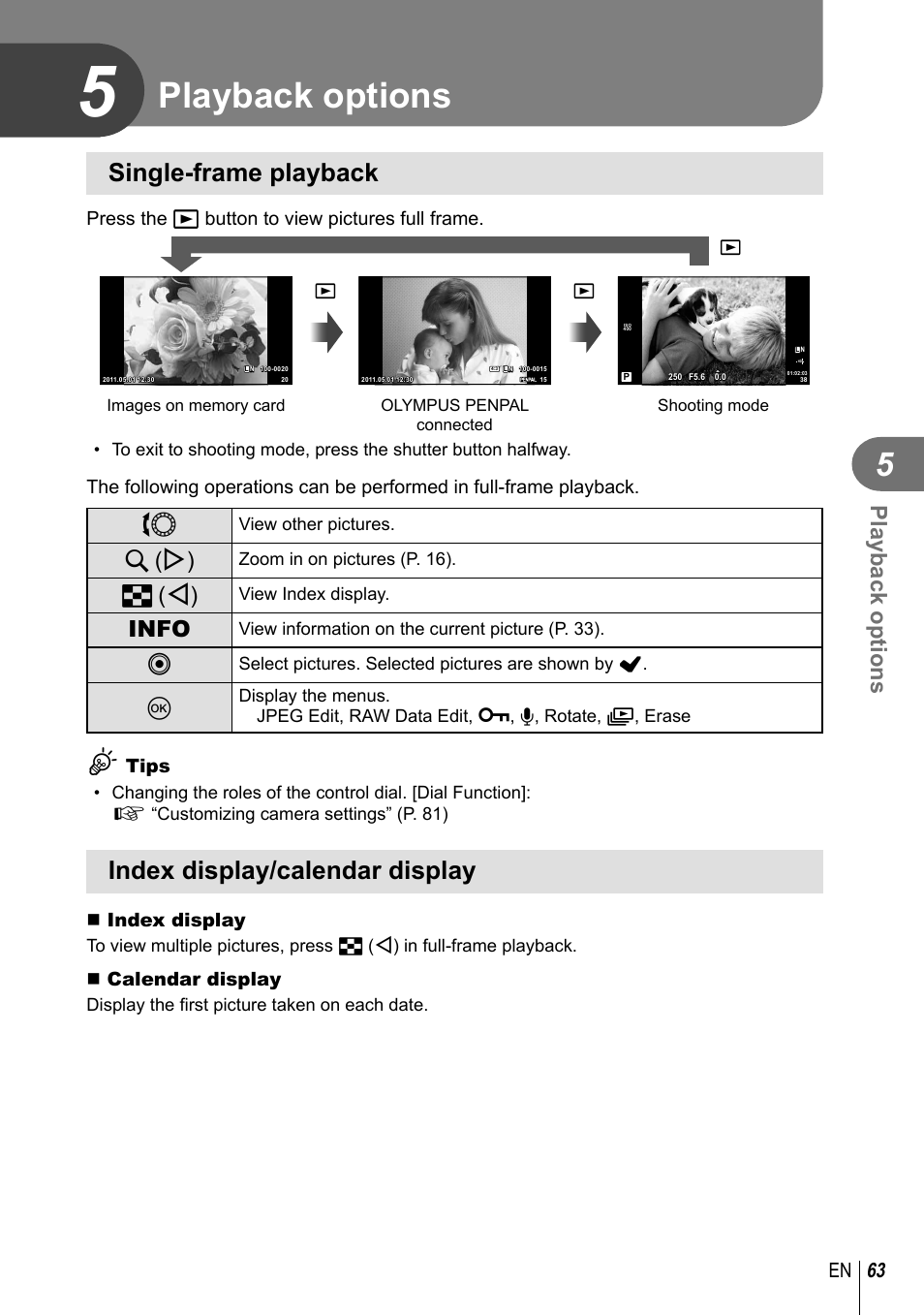 Playback options, Single-frame playback, Index display/calendar display | Info, 63 en | Olympus E-PM1 User Manual | Page 63 / 129