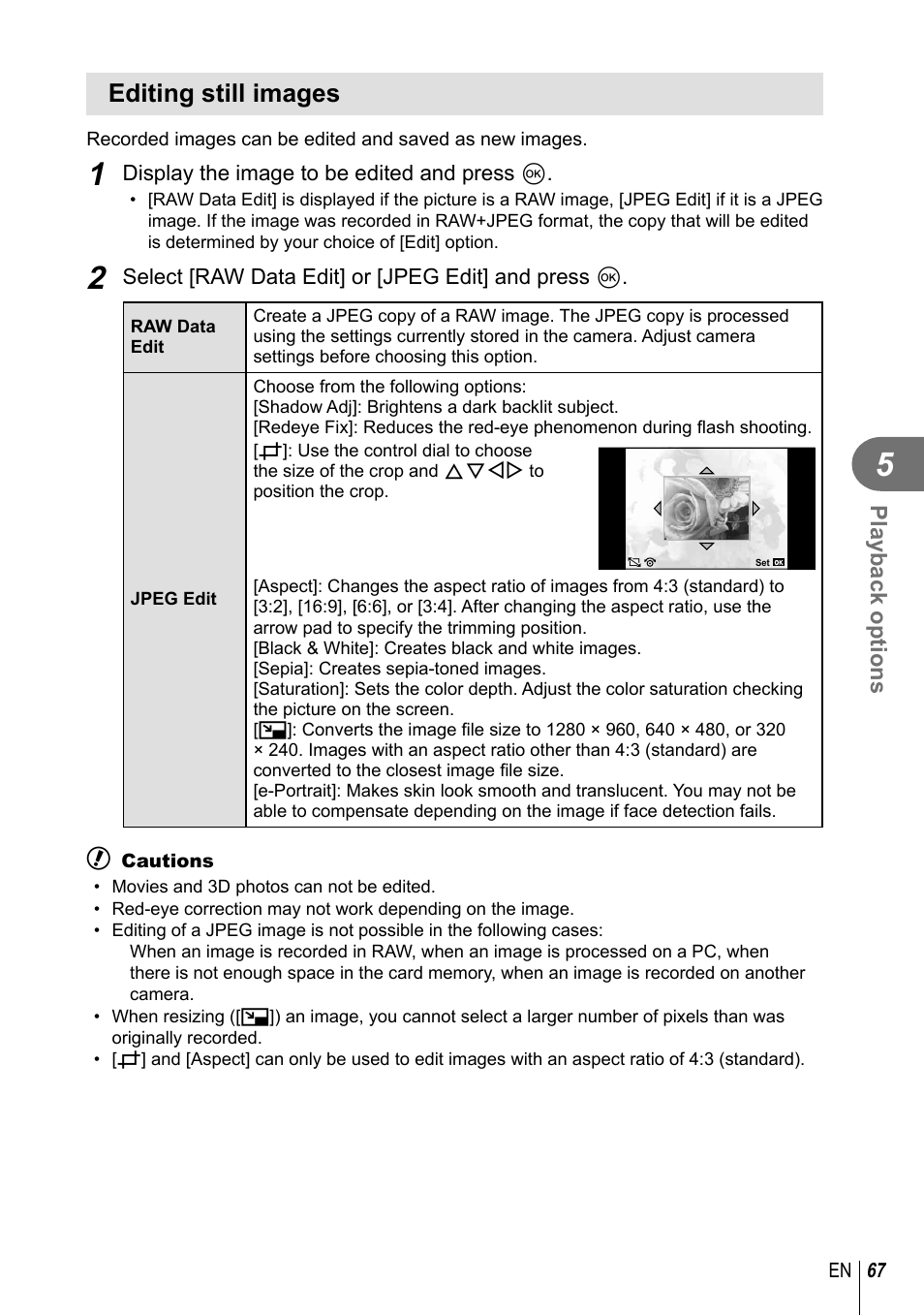 Editing still images | Olympus E-PM1 User Manual | Page 67 / 129