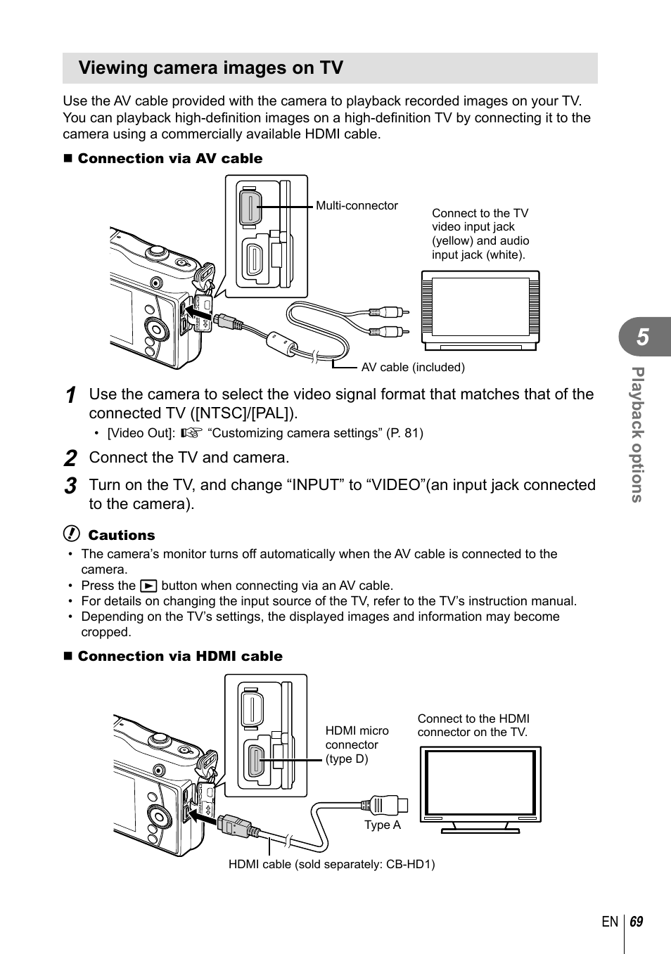 Viewing camera images on tv | Olympus E-PM1 User Manual | Page 69 / 129