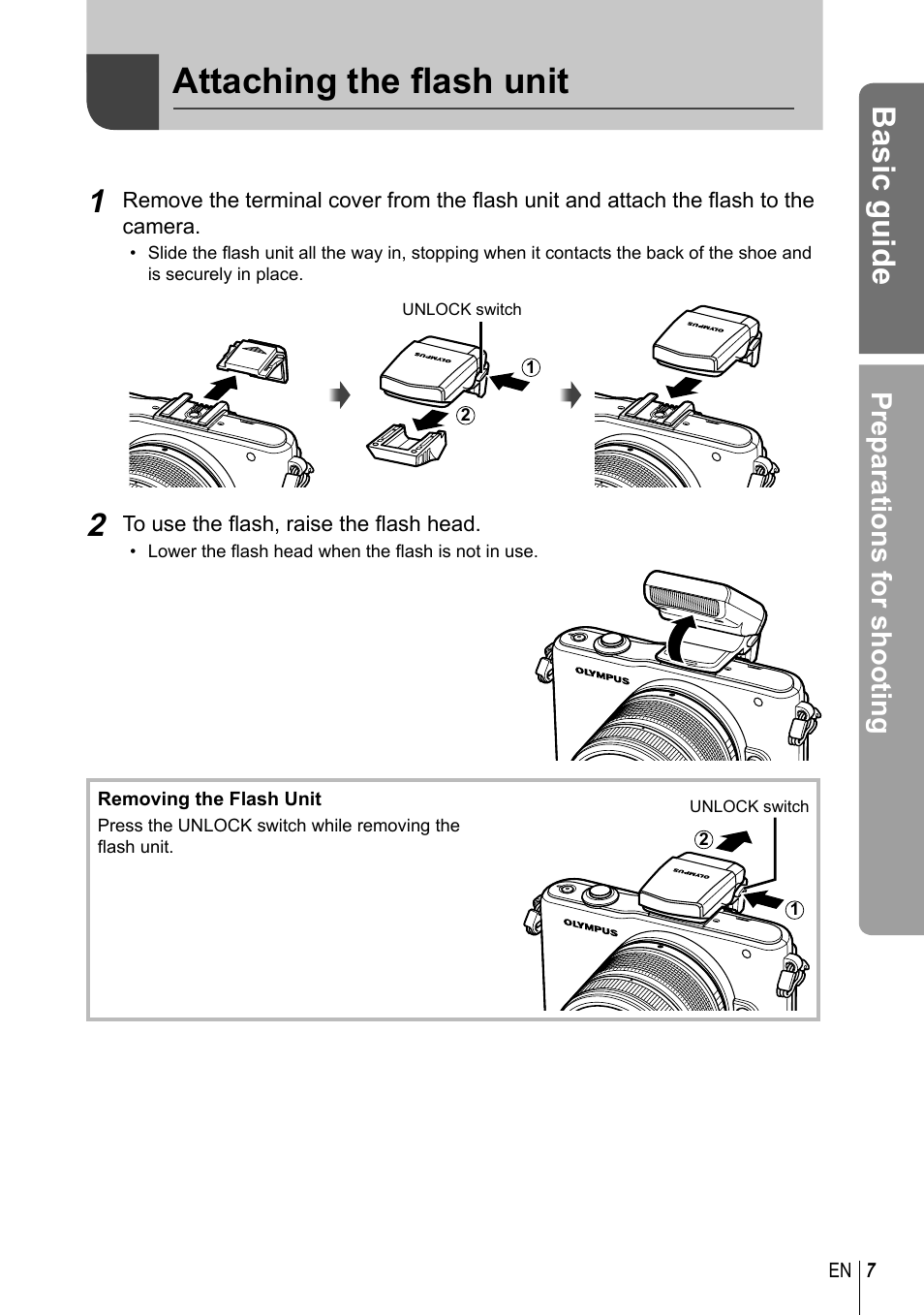 Attaching the fl ash unit, Basic guide, Preparations for shooting | Olympus E-PM1 User Manual | Page 7 / 129