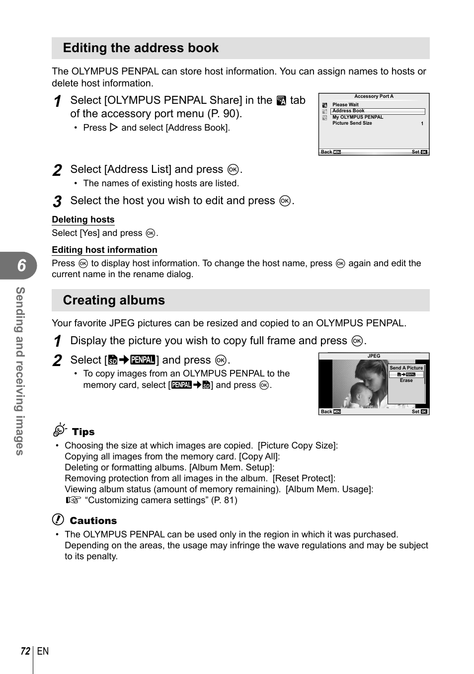 Editing the address book, Creating albums, Sending and receiving images | Olympus E-PM1 User Manual | Page 72 / 129