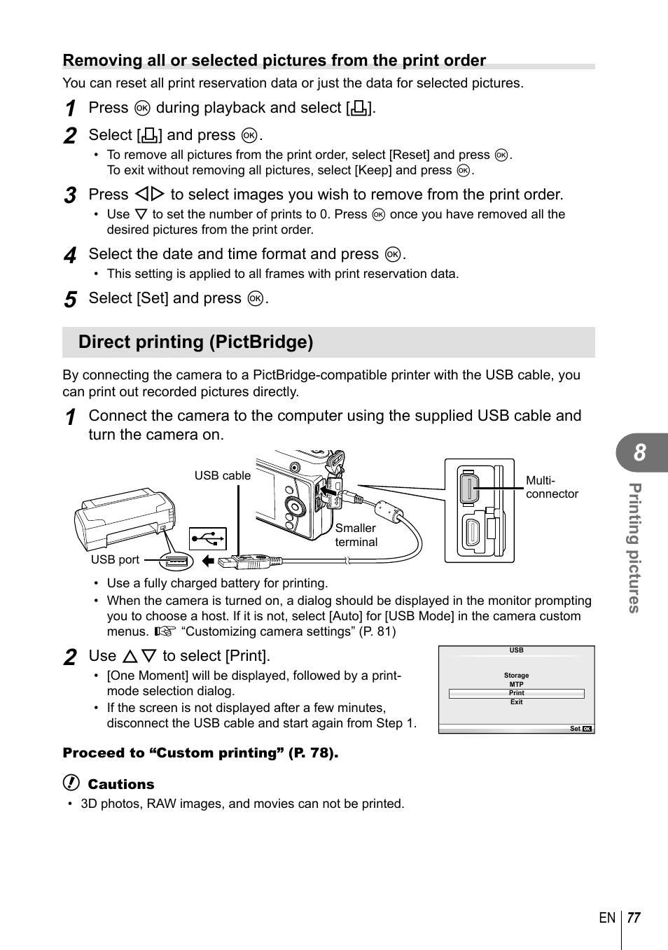 Direct printing (pictbridge) | Olympus E-PM1 User Manual | Page 77 / 129