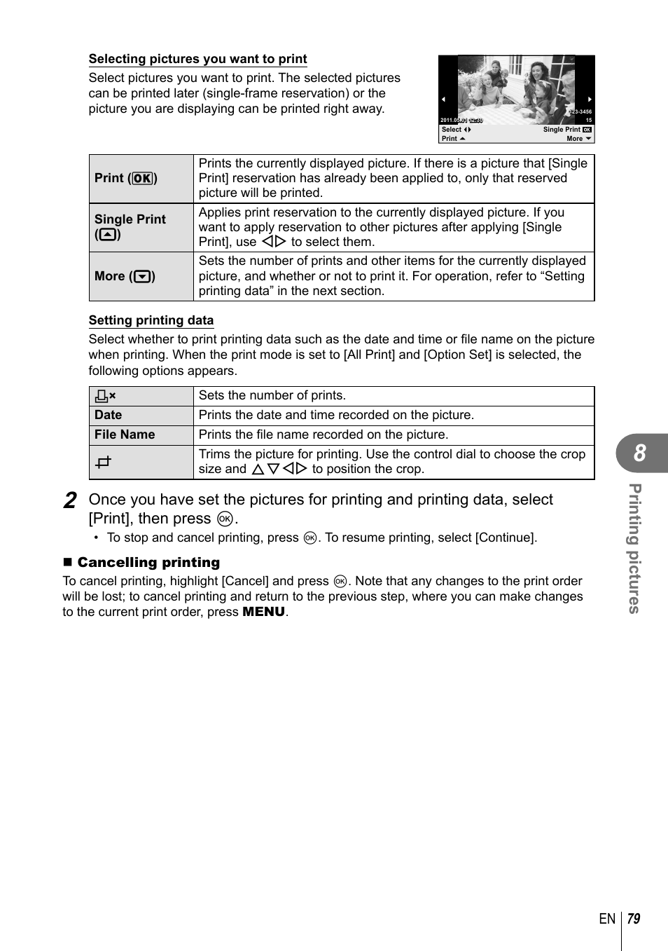 Printing pictures | Olympus E-PM1 User Manual | Page 79 / 129