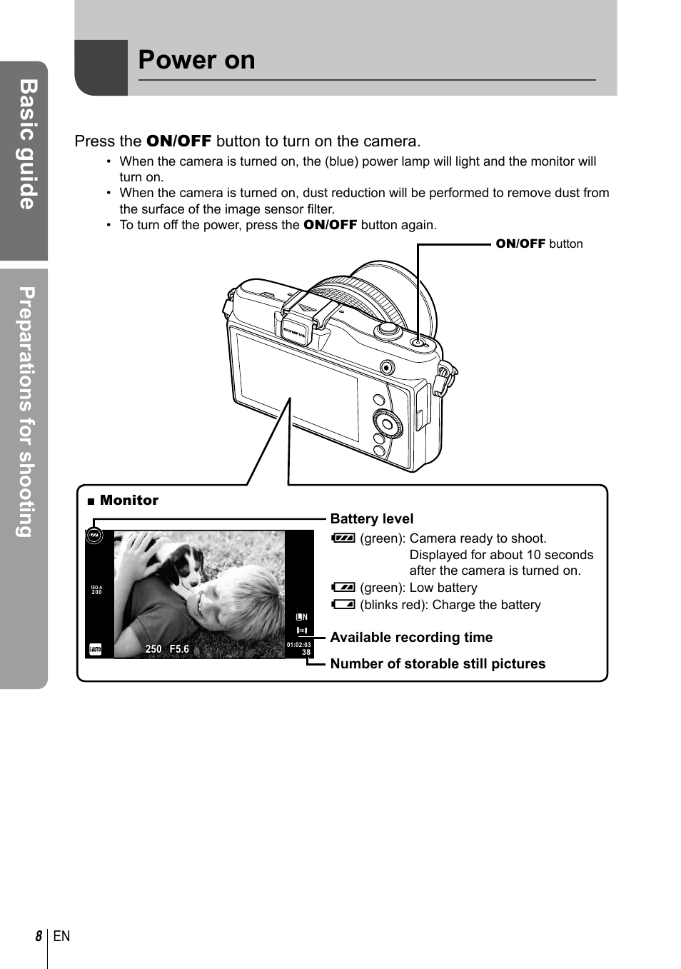 Power on, Basic guide, Preparations for shooting | Press the on/off button to turn on the camera, 8 en | Olympus E-PM1 User Manual | Page 8 / 129
