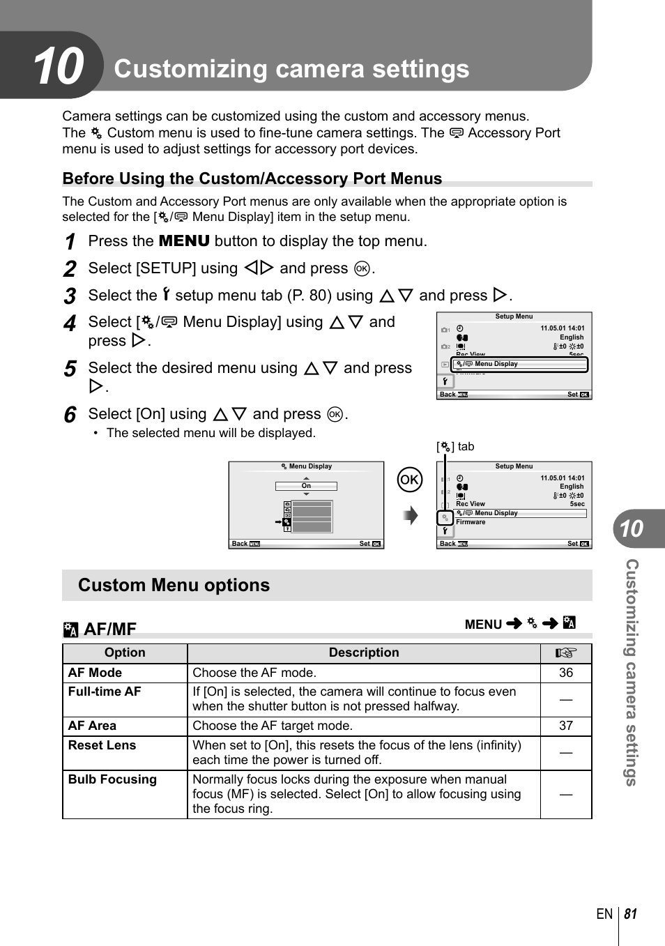 Customizing camera settings, Custom menu options, R af/mf | Before using the custom/accessory port menus, Press the menu button to display the top menu, Select [setup] using hi and press q, Select [ c/# menu display] using fg and press i, Select the desired menu using fg and press i, Select [on] using fg and press q | Olympus E-PM1 User Manual | Page 81 / 129