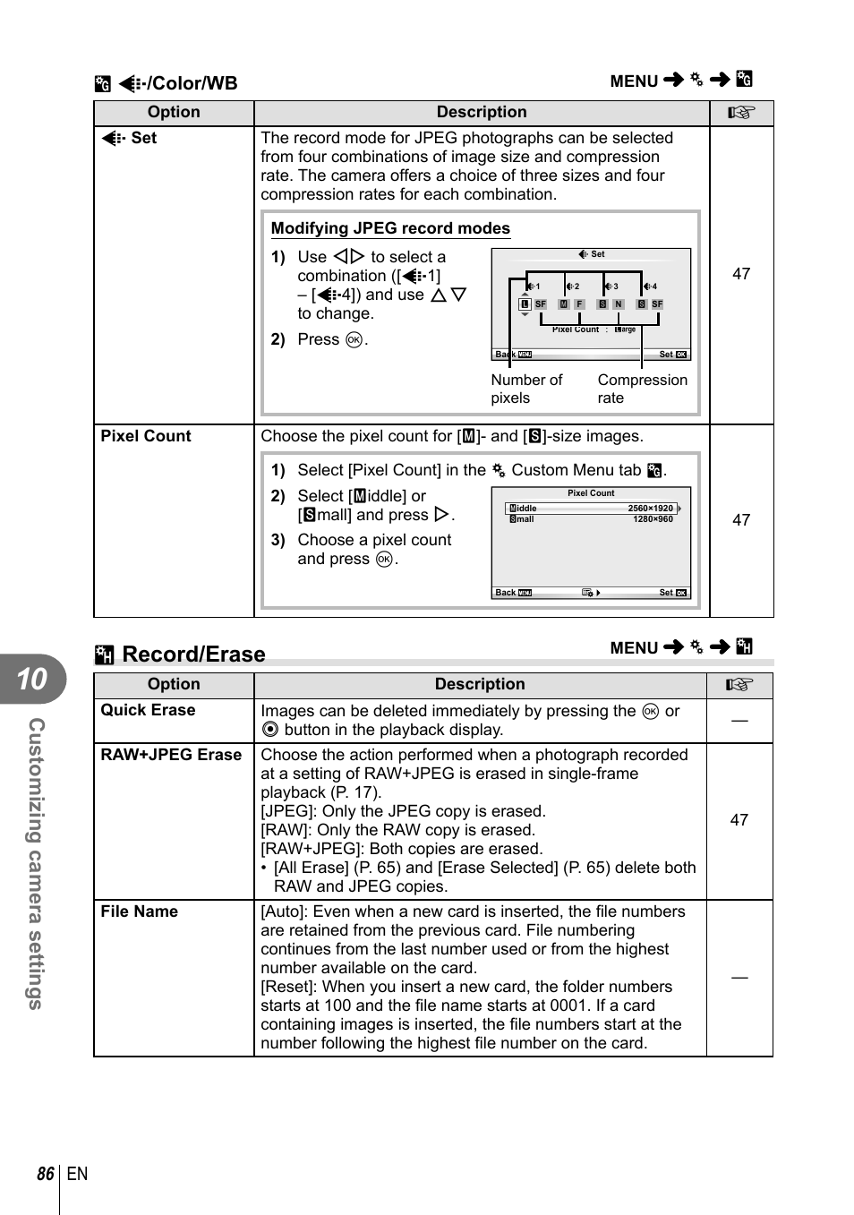 Y record/erase, Customizing camera settings, 86 en | X k /color/wb | Olympus E-PM1 User Manual | Page 86 / 129