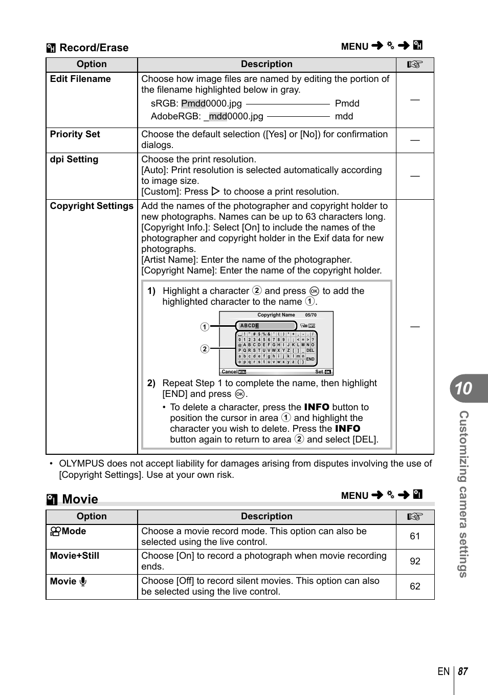 Z movie, Customizing camera settings, 87 en | Y record/erase | Olympus E-PM1 User Manual | Page 87 / 129