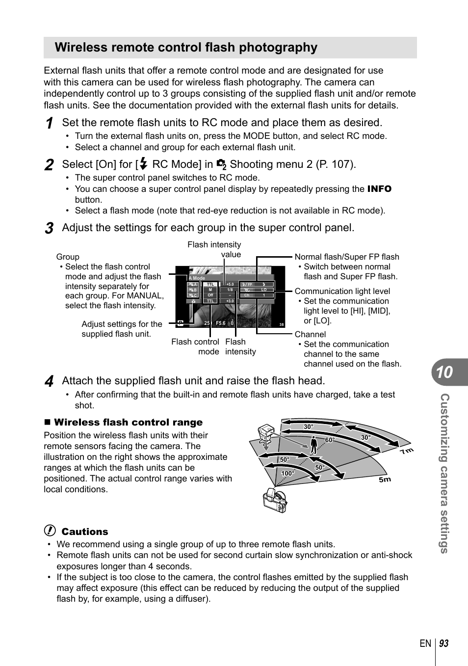 Wireless remote control fl ash photography, Customizing camera settings, 93 en | Olympus E-PM1 User Manual | Page 93 / 129
