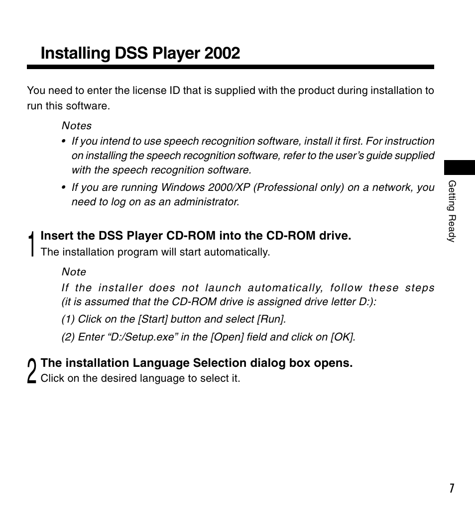 Installing dss player 2002 | Olympus DM-10 User Manual | Page 7 / 72