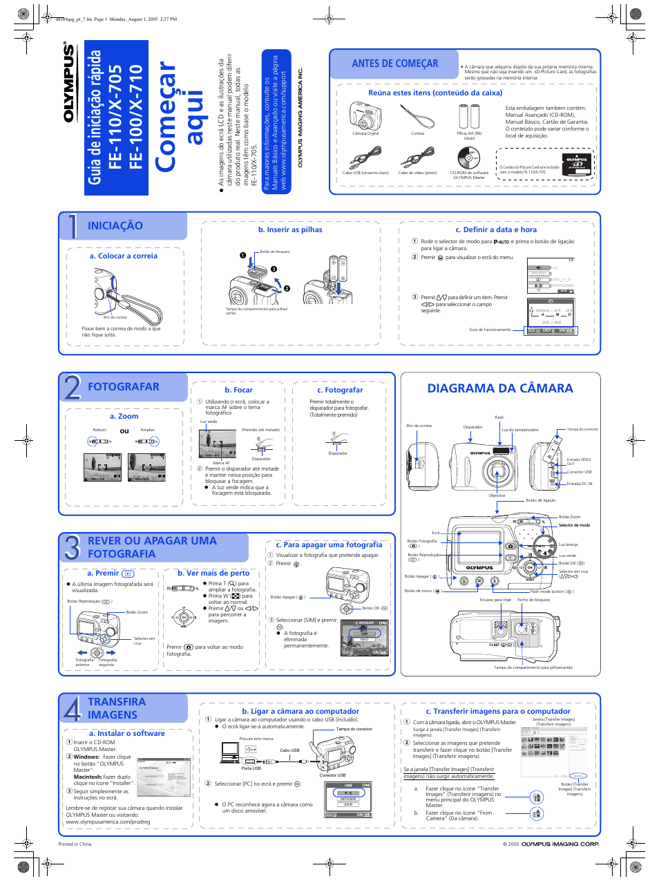 Começar aqui, Diagrama da câmara, Fotografar | Antes de começar, Iniciação, Rever ou apagar uma fotografia, Transfira imagens | Olympus FE-100 User Manual | Page 2 / 2