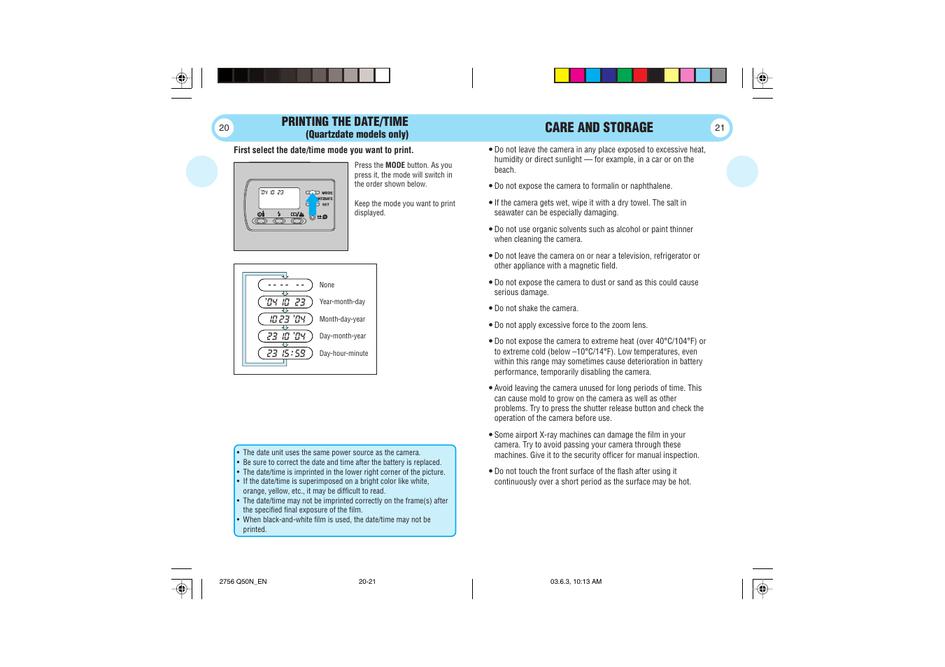 Care and storage, Printing the date/time | Olympus Stylus 150 User Manual | Page 11 / 13