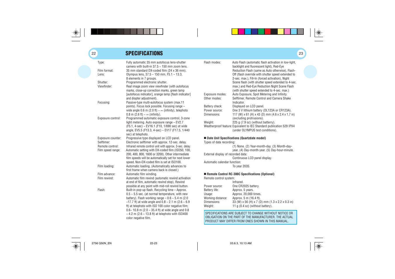 Specifications | Olympus Stylus 150 User Manual | Page 12 / 13