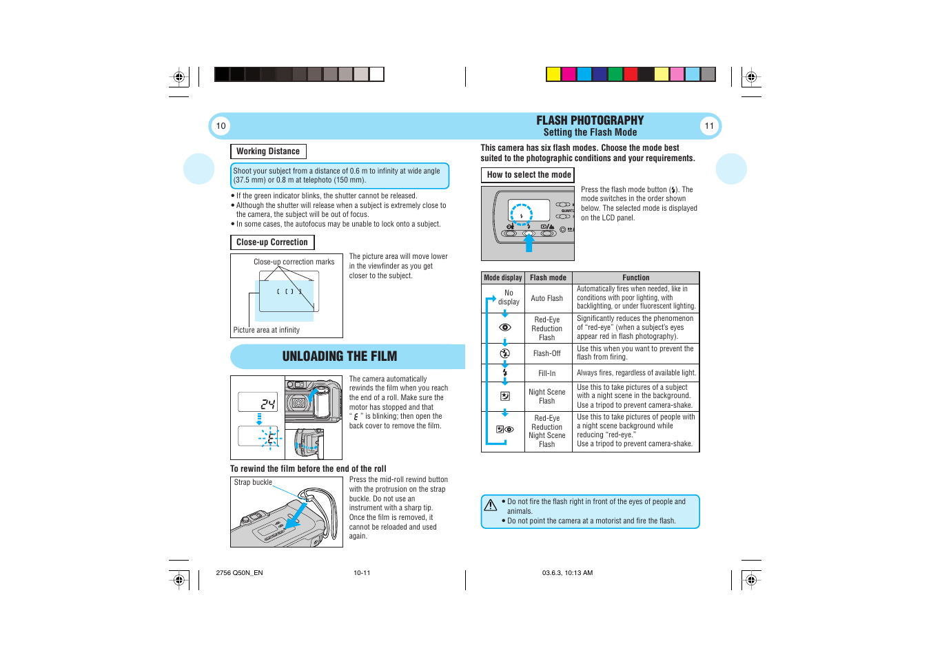 Unloading the film, Flash photography | Olympus Stylus 150 User Manual | Page 6 / 13