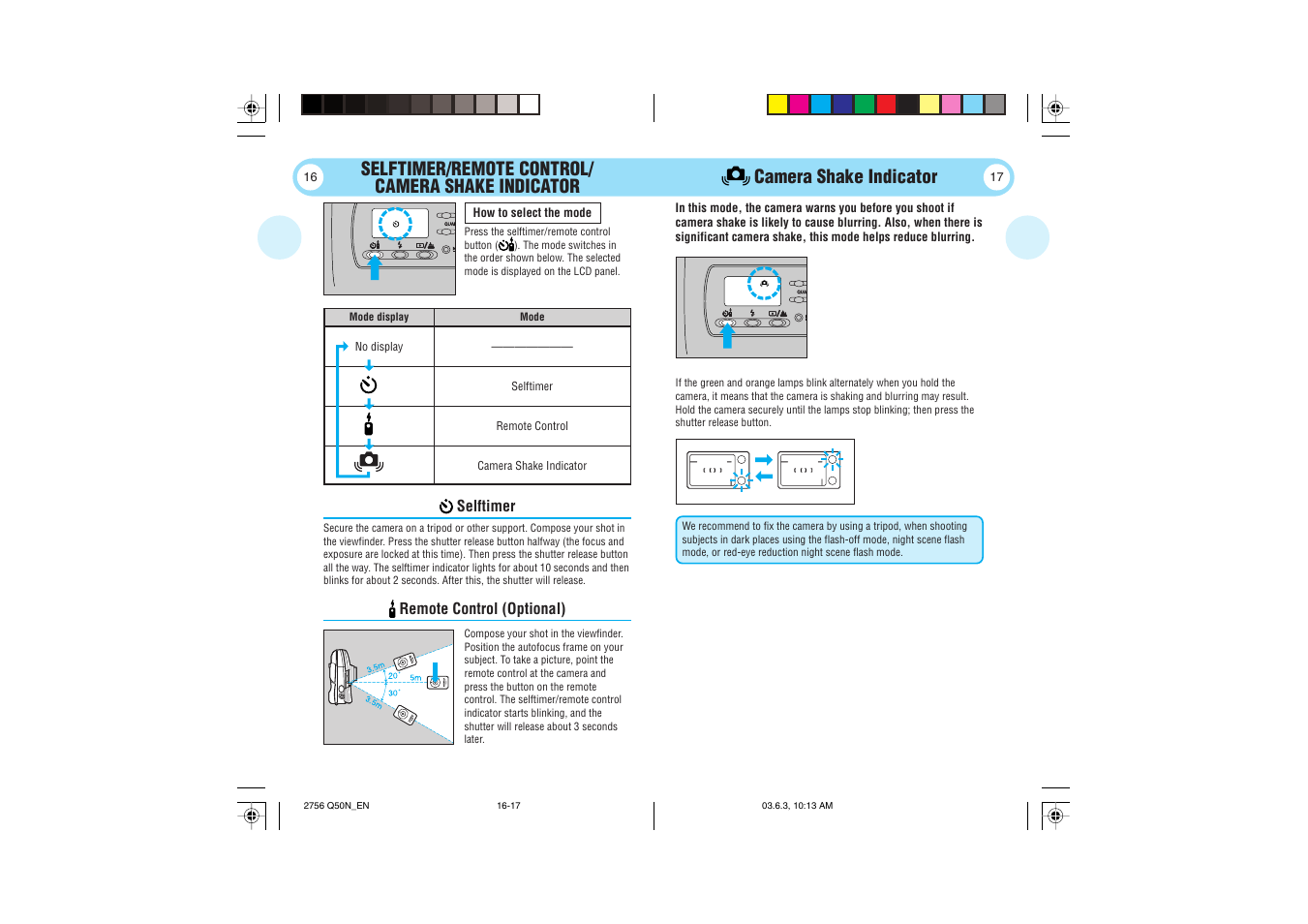 Selftimer/remote control/ camera shake indicator, Camera shake indicator | Olympus Stylus 150 User Manual | Page 9 / 13