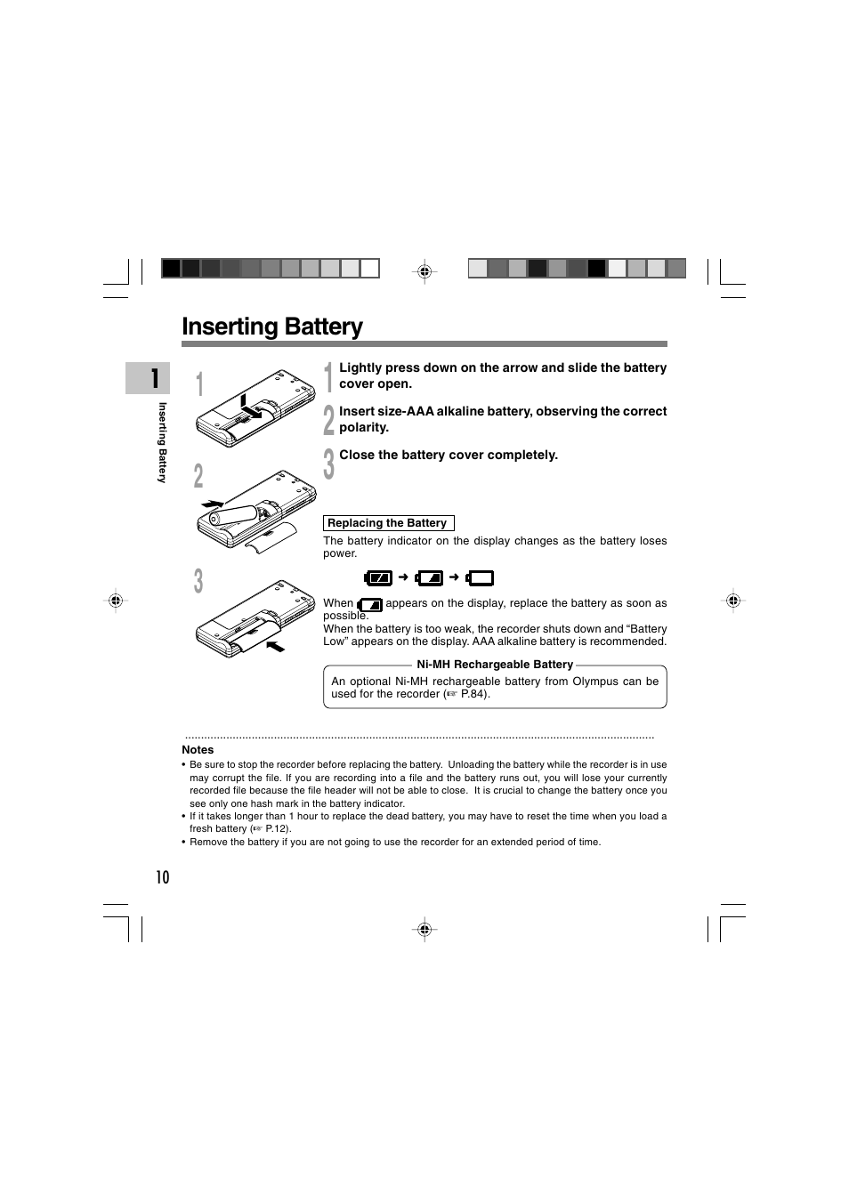 Inserting battery | Olympus WS-320M User Manual | Page 10 / 87