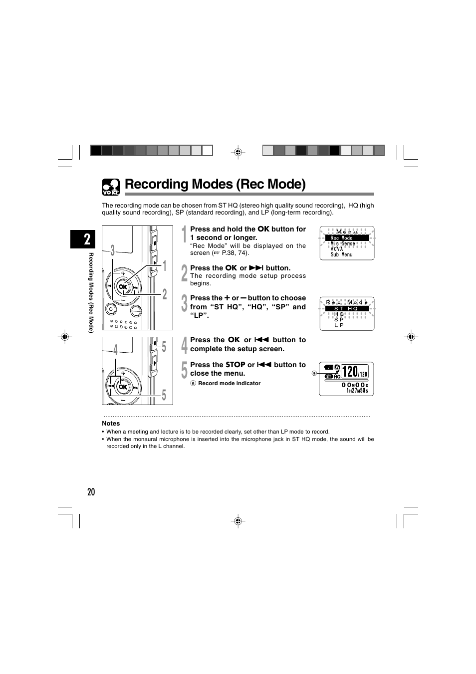 Recording modes (rec mode) | Olympus WS-320M User Manual | Page 20 / 87