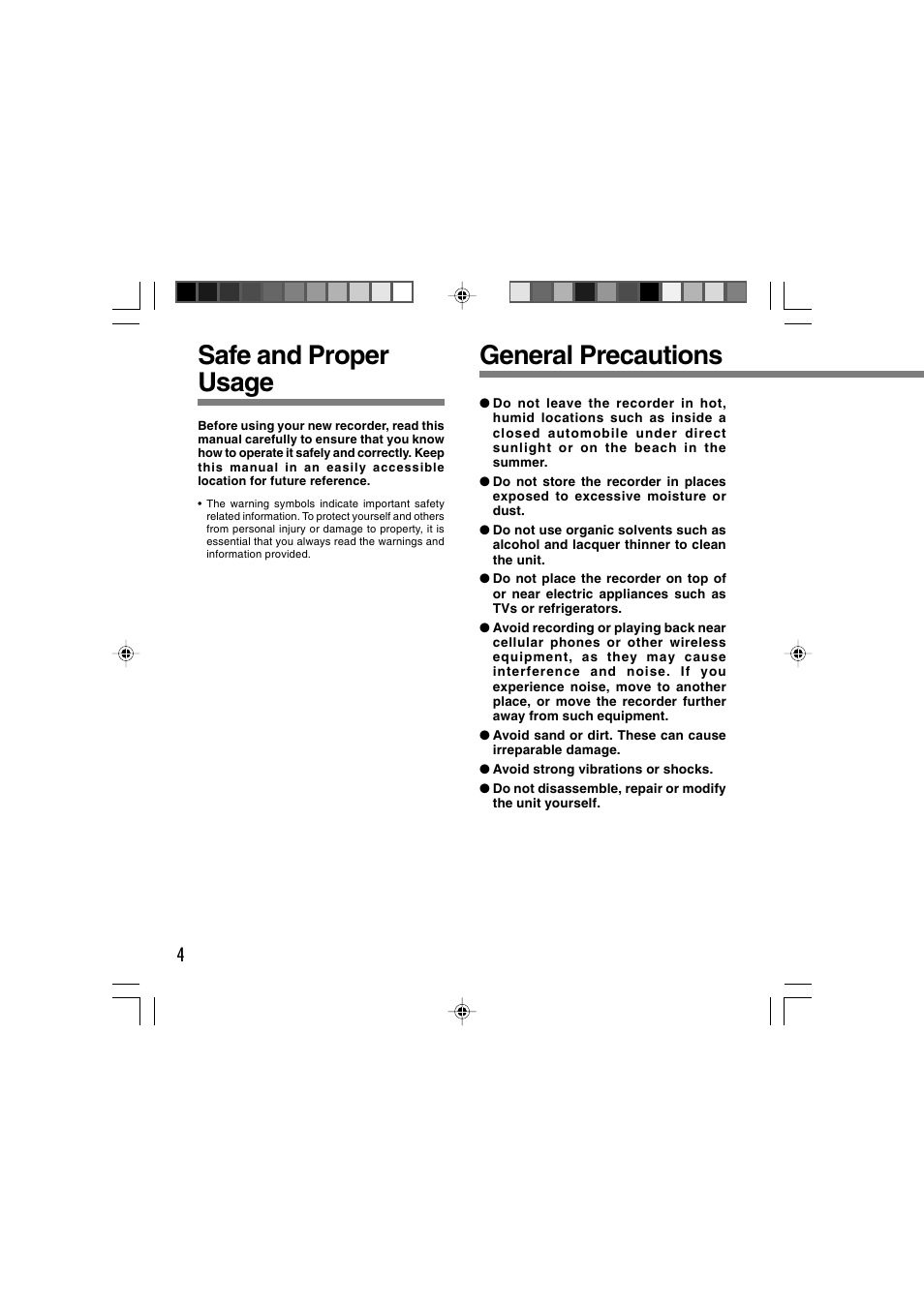 Safe and proper usage, General precautions | Olympus WS-320M User Manual | Page 4 / 87