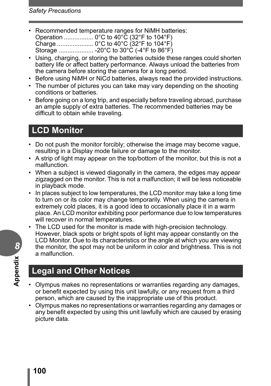 Lcd monitor legal and other notices | Olympus FE-110 User Manual | Page 100 / 110