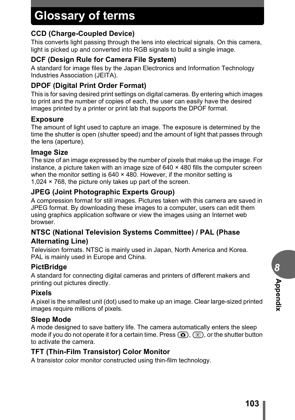 Glossary of terms | Olympus FE-110 User Manual | Page 103 / 110