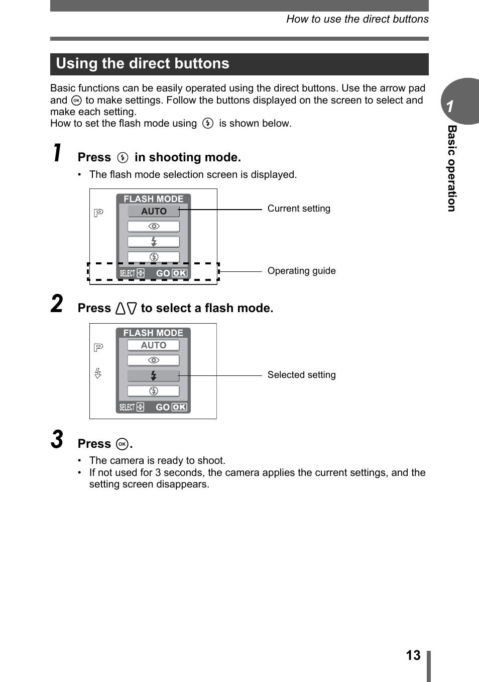 Using the direct buttons | Olympus FE-110 User Manual | Page 13 / 110