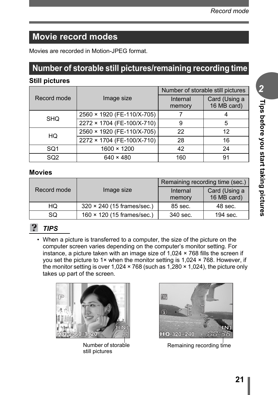 Movie record modes | Olympus FE-110 User Manual | Page 21 / 110