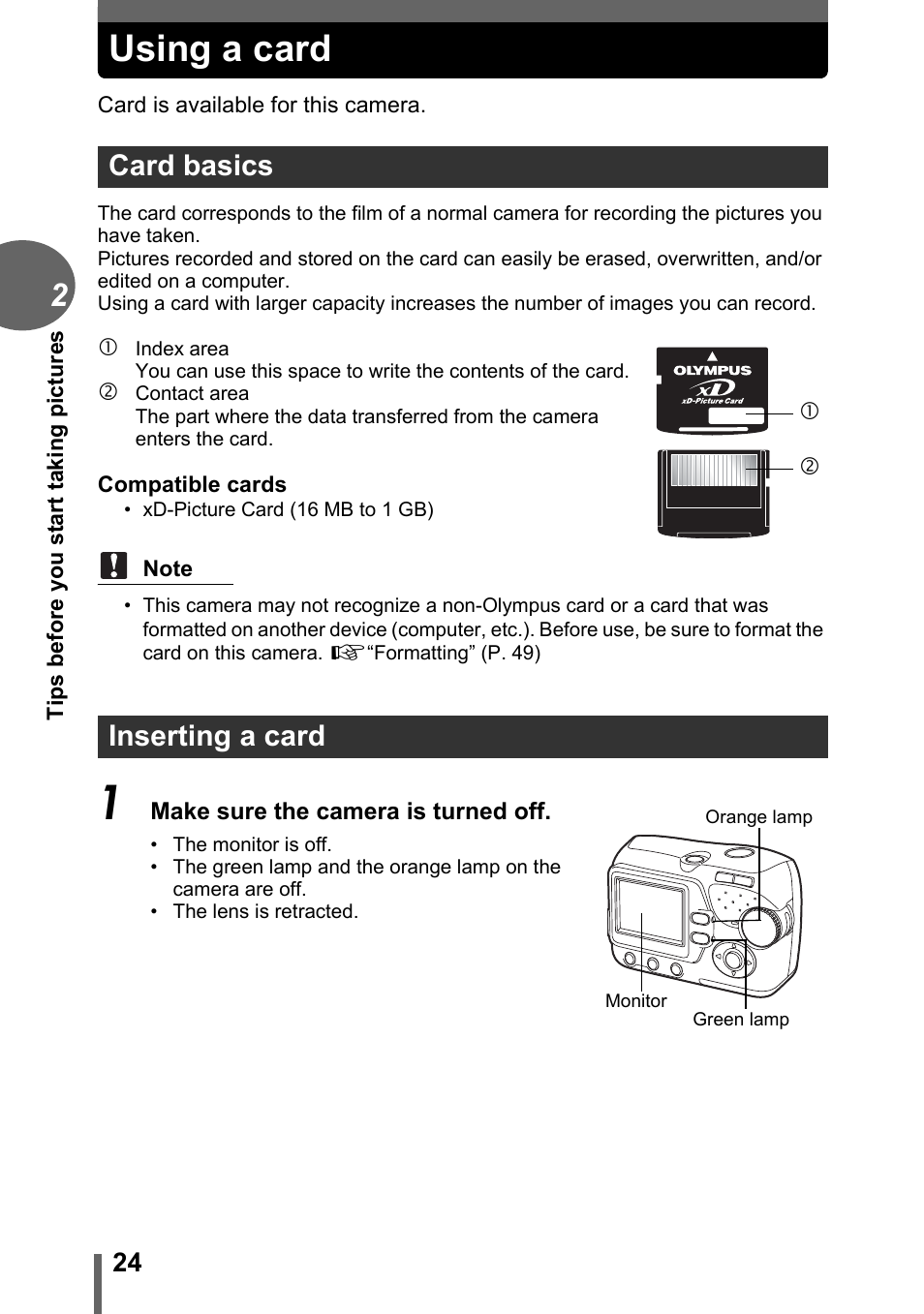 Using a card, Card basics, Inserting a card | Card basics inserting a card | Olympus FE-110 User Manual | Page 24 / 110