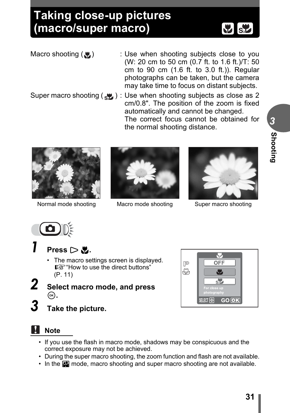 Taking close-up pictures (macro/super macro), P. 31 | Olympus FE-110 User Manual | Page 31 / 110