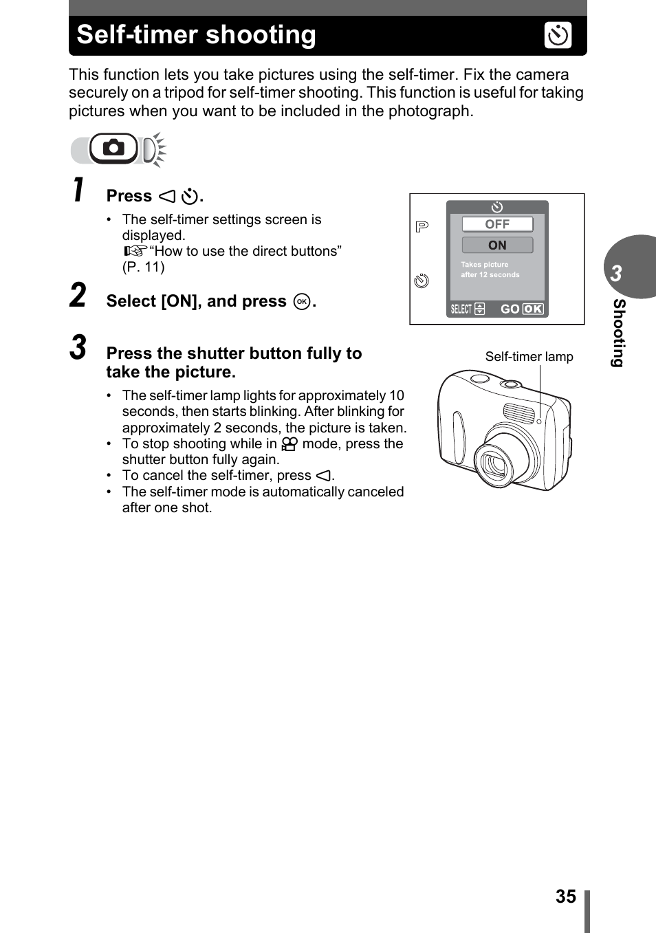 Self-timer shooting, P. 35 | Olympus FE-110 User Manual | Page 35 / 110