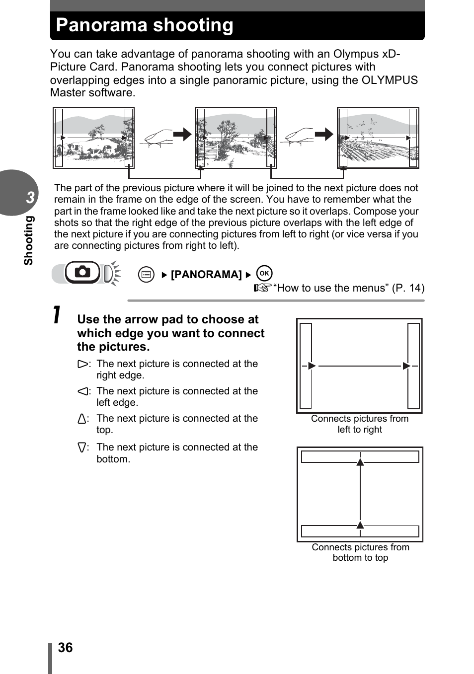 Panorama shooting | Olympus FE-110 User Manual | Page 36 / 110