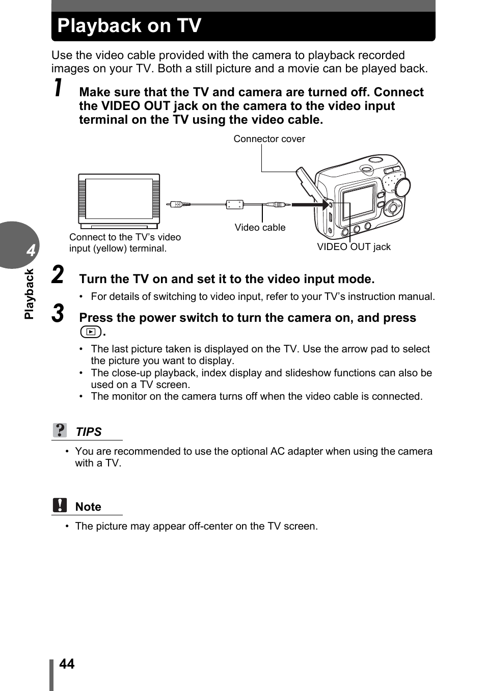 Playback on tv | Olympus FE-110 User Manual | Page 44 / 110