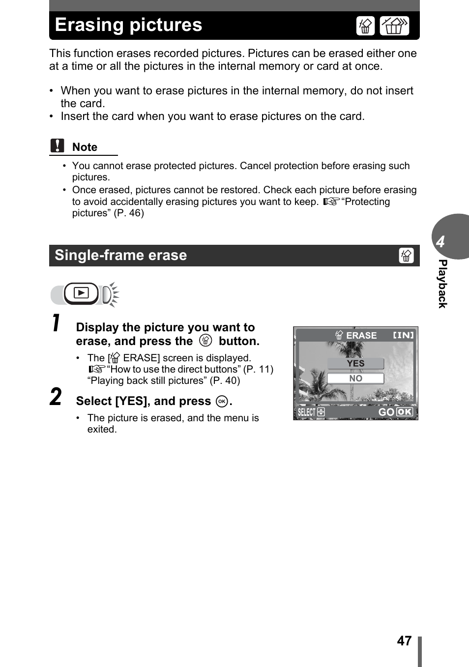 Erasing pictures, Single-frame erase | Olympus FE-110 User Manual | Page 47 / 110