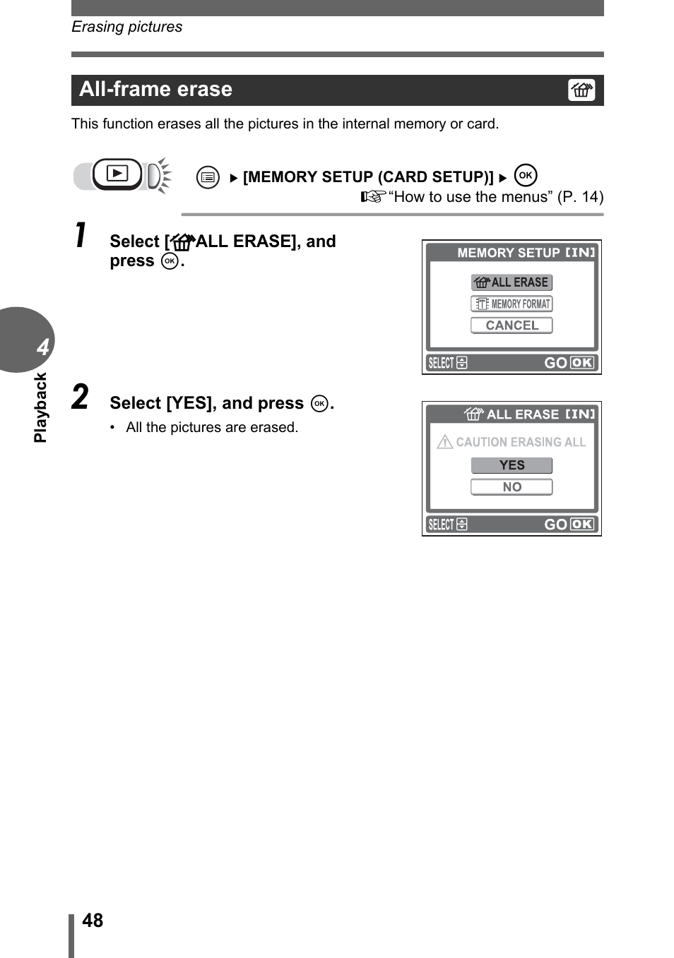 All-frame erase | Olympus FE-110 User Manual | Page 48 / 110