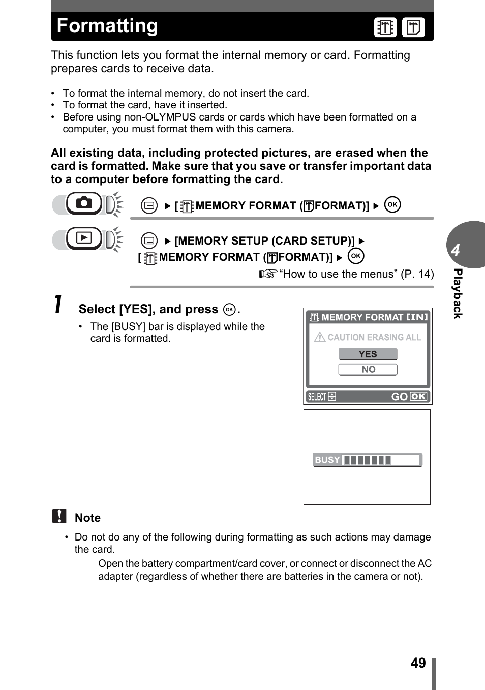 Formatting | Olympus FE-110 User Manual | Page 49 / 110