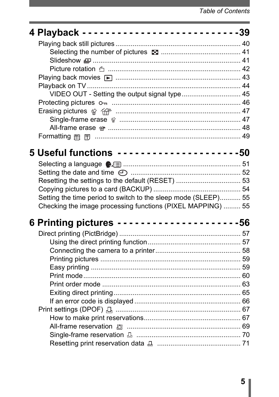 4 playback, 5 useful functions, 6 printing pictures | Olympus FE-110 User Manual | Page 5 / 110