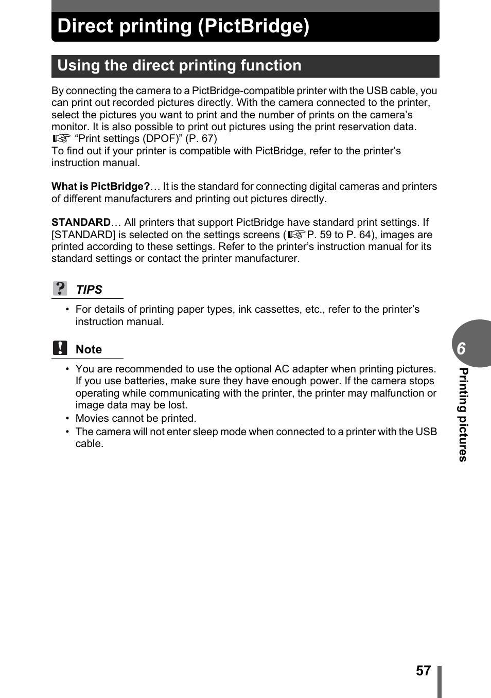 Direct printing (pictbridge), Using the direct printing function | Olympus FE-110 User Manual | Page 57 / 110