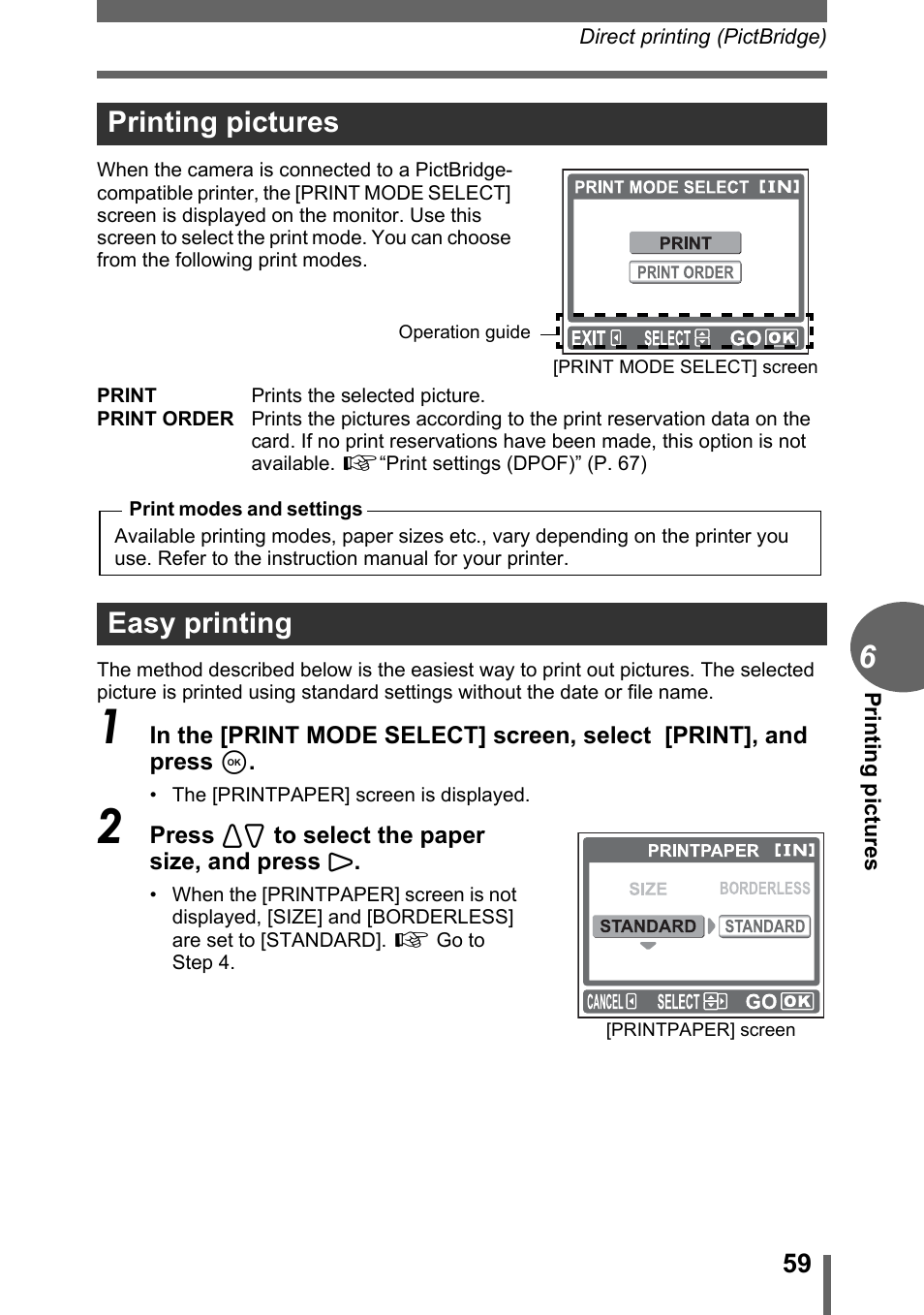 Printing pictures, Easy printing, Printing pictures easy printing | Olympus FE-110 User Manual | Page 59 / 110