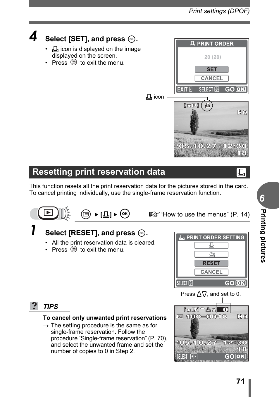 Resetting print reservation data | Olympus FE-110 User Manual | Page 71 / 110