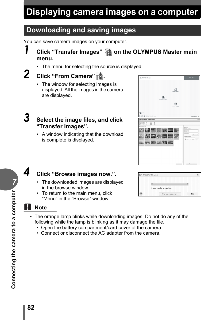 Displaying camera images on a computer, Downloading and saving images, P. 82 | Olympus FE-110 User Manual | Page 82 / 110