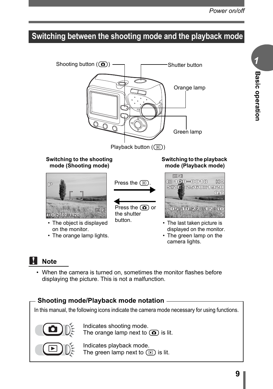 Basi c operation, Shooting mode/playback mode notation | Olympus FE-110 User Manual | Page 9 / 110