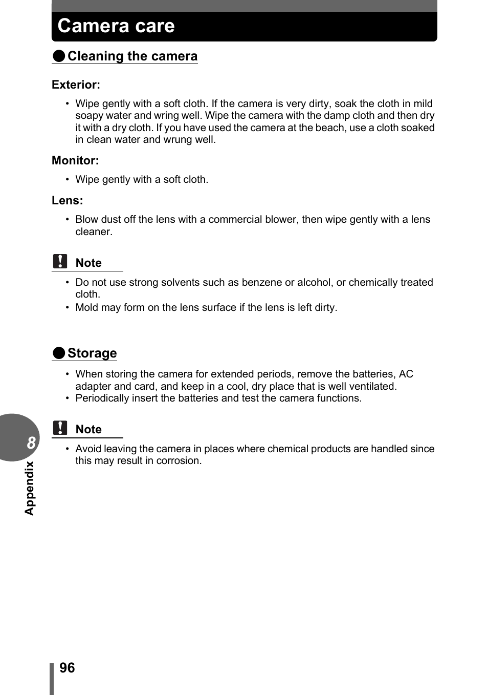 Camera care, P. 96 | Olympus FE-110 User Manual | Page 96 / 110