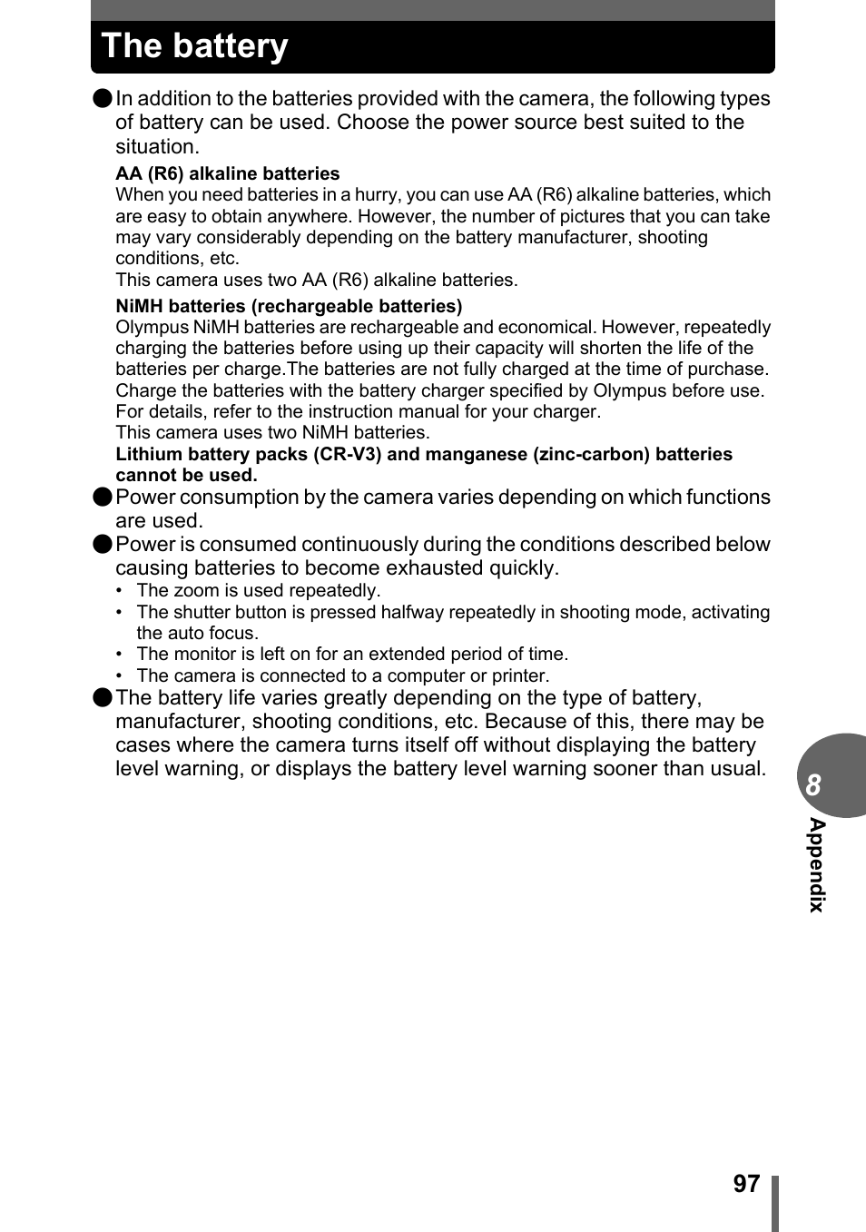 The battery | Olympus FE-110 User Manual | Page 97 / 110