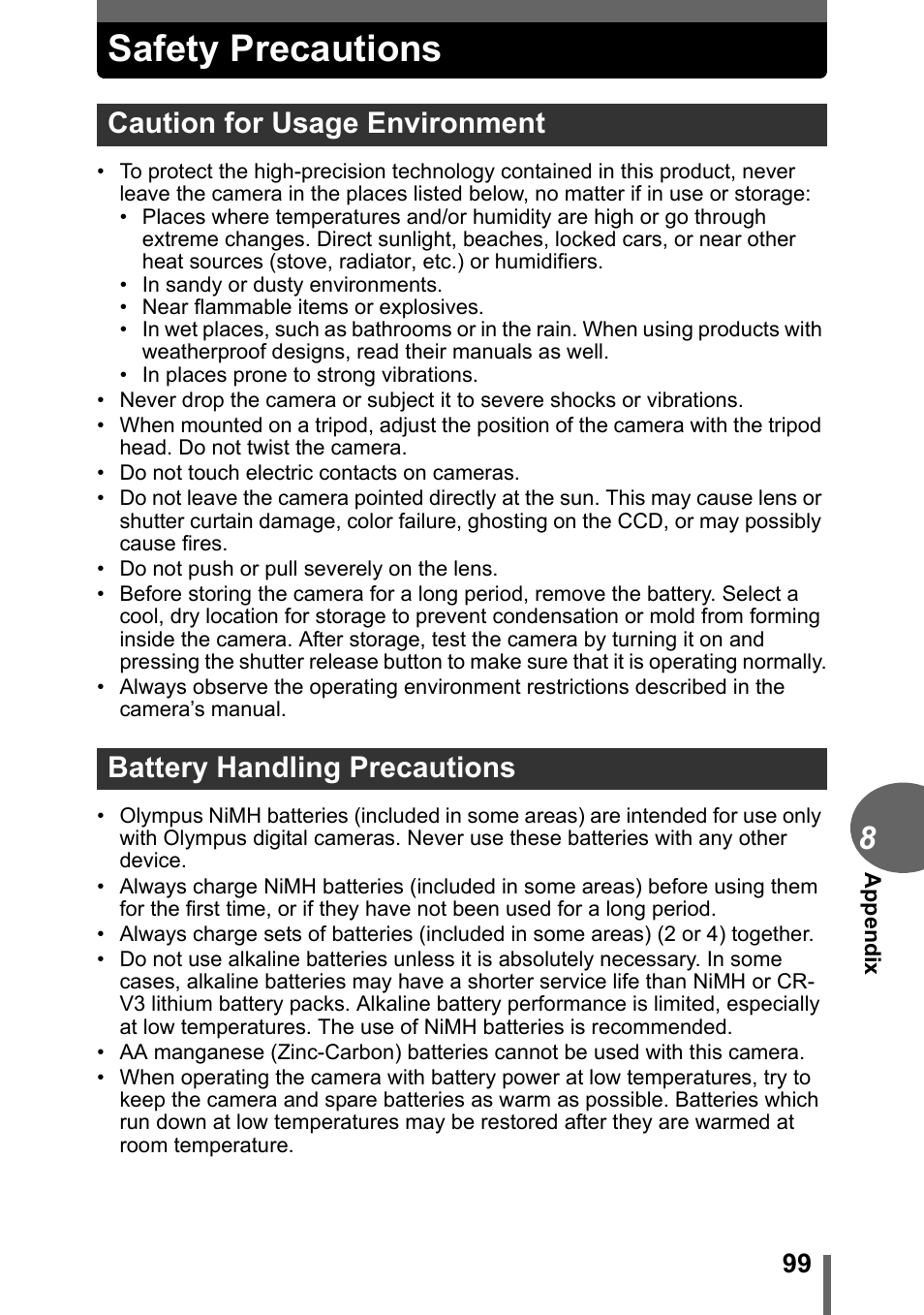 Safety precautions | Olympus FE-110 User Manual | Page 99 / 110