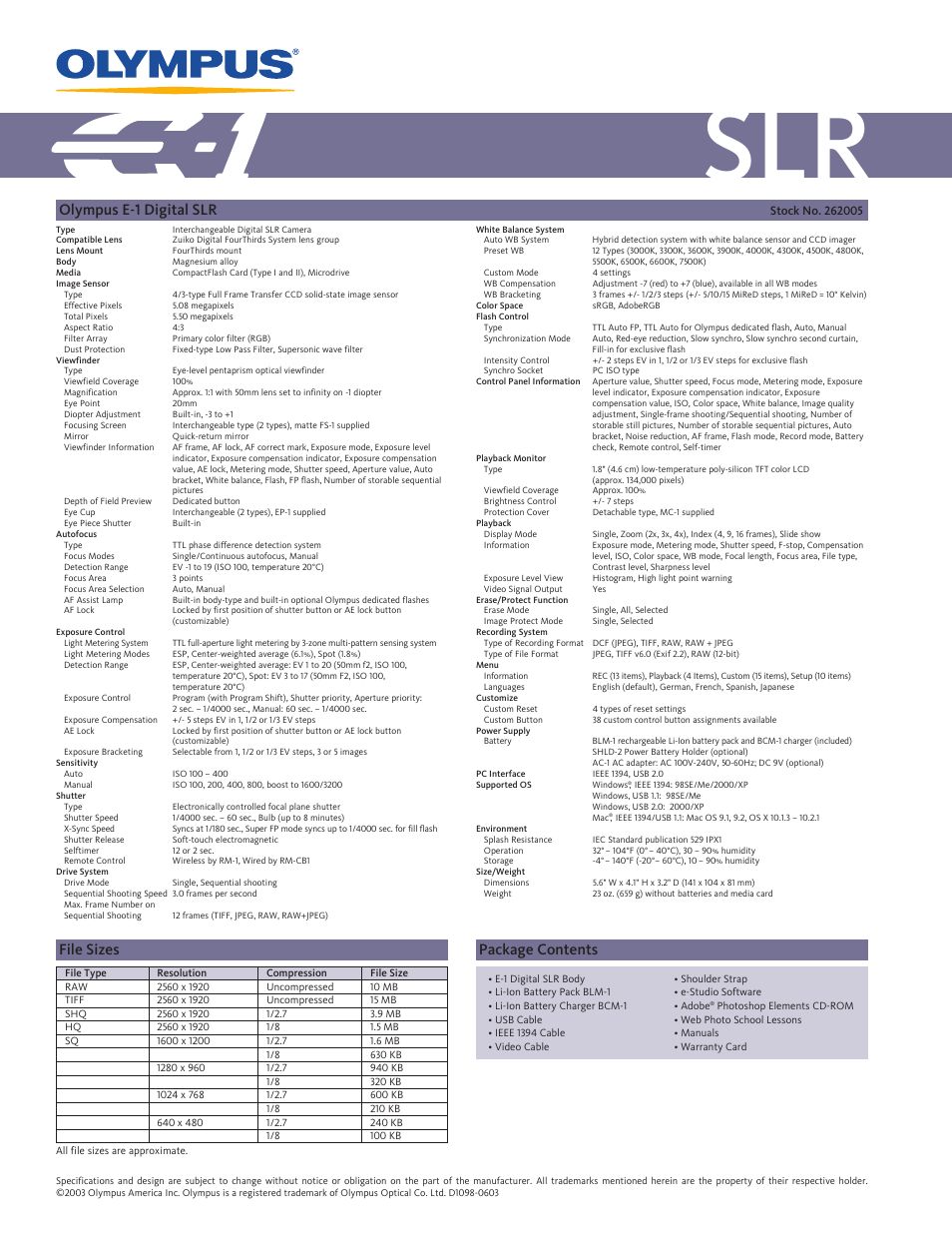 Olympus e-1 digital slr, File sizes package contents | Olympus E-1 User Manual | Page 2 / 2