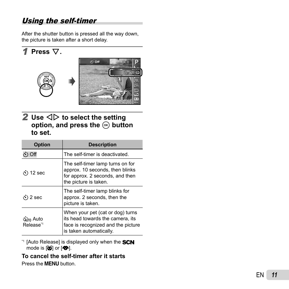 Using the self-timer, 11 en, Press g | Olympus SZ-16 iHS User Manual | Page 11 / 86