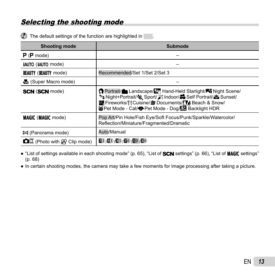 Selecting the shooting mode, 13 en | Olympus SZ-16 iHS User Manual | Page 13 / 86