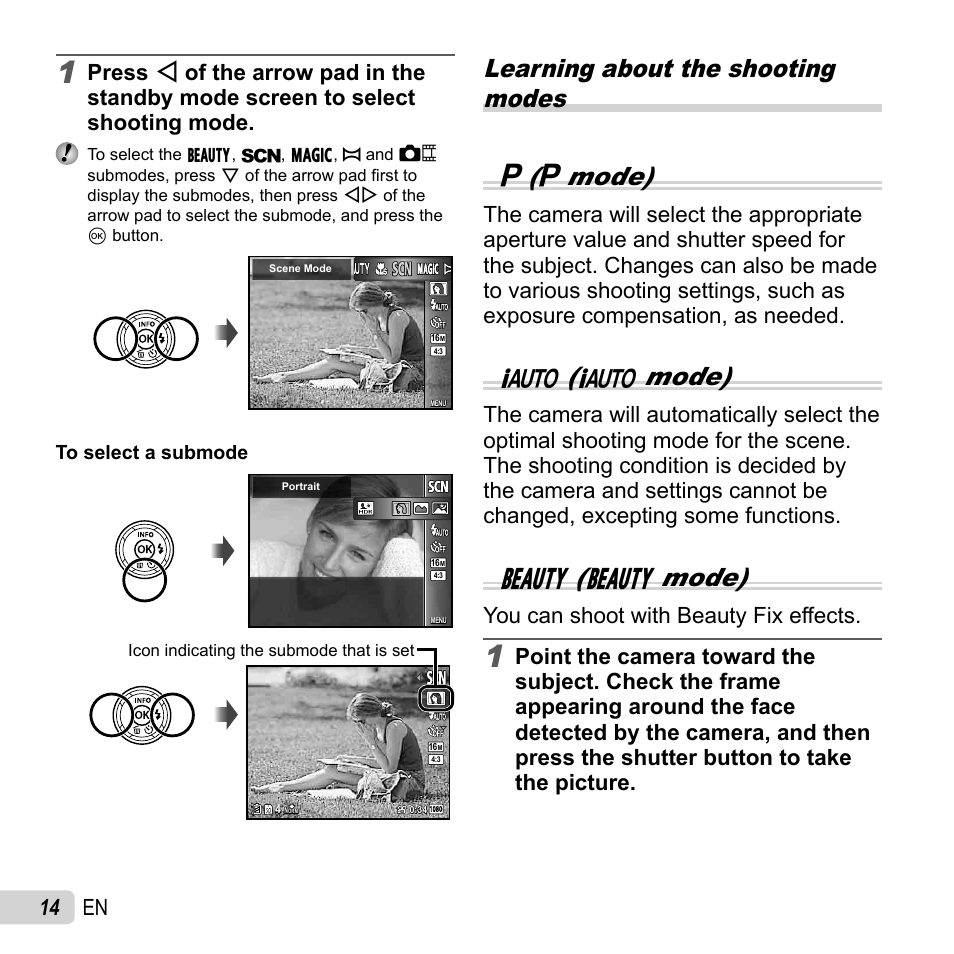 Learning about the shooting modes p ( p mode), M( m mode), Q( q mode) | 14 en, You can shoot with beauty fix effects | Olympus SZ-16 iHS User Manual | Page 14 / 86
