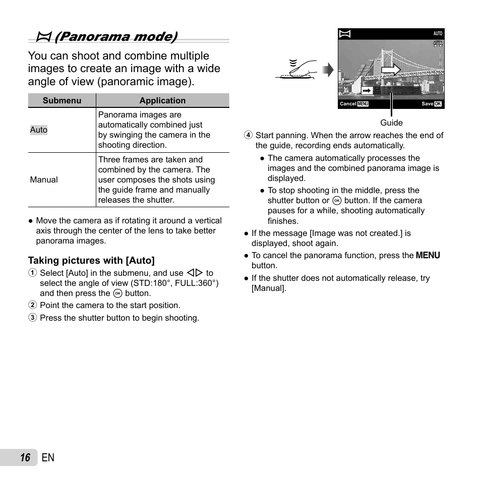 P(panorama mode), 16 en | Olympus SZ-16 iHS User Manual | Page 16 / 86
