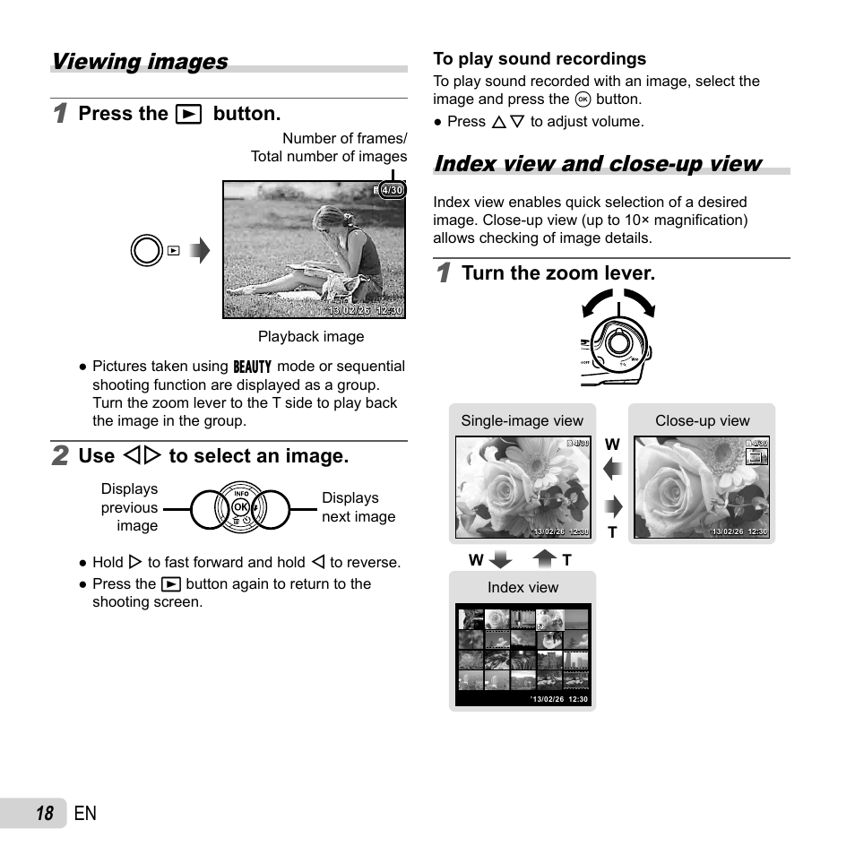 Playback, Viewing images, Index view and close-up view | 18 en, Press the q button, Use hi to select an image, Turn the zoom lever | Olympus SZ-16 iHS User Manual | Page 18 / 86