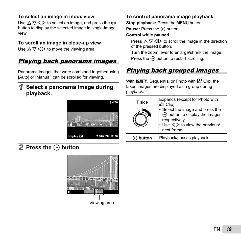 Playing back panorama images, Playing back grouped images, 19 en | Select a panorama image during playback, Press the a button | Olympus SZ-16 iHS User Manual | Page 19 / 86